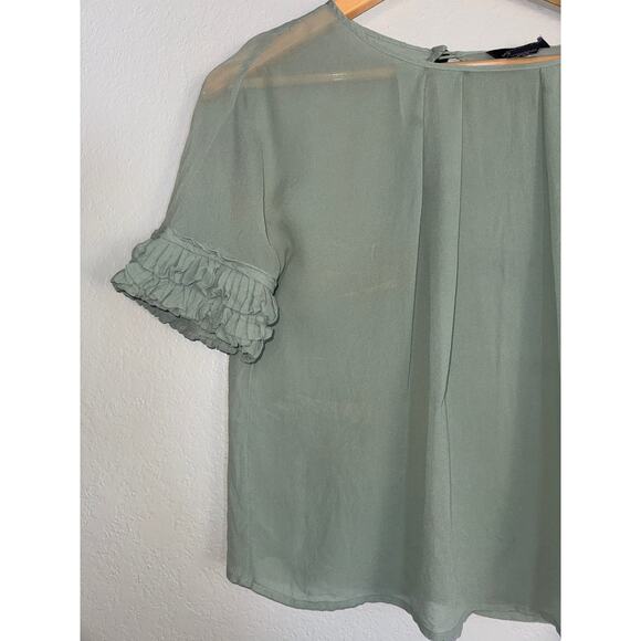 Y2K Moda International Sheer Short Sleeve Silk Top XS Ruffle Sage Green Career - Picture 2 of 7